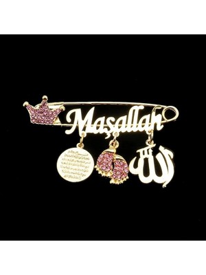 Sahi Aksesuar Maşallah Yazılı Bebek Yaka Iğnesi 31 Kristal Taşlı Altın Sarı Kaplama