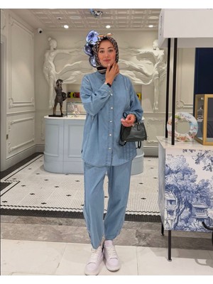 Esra Butik Taş Işlemeli Tensel Kot Tunik Pantolon Takım – Açık Mavi, Su Yeşili & Koyu Mavi