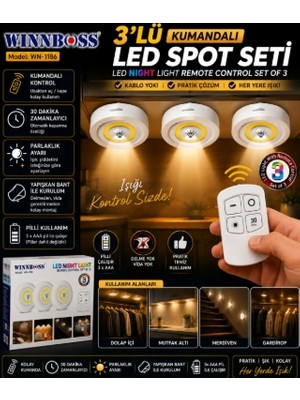 Marka LED Gece Lambası Seti 3’lü | Pilli Dolap Içi Aydınlatma | 30 Dakika Zamanlayıcı | Parlaklık Ayarlı