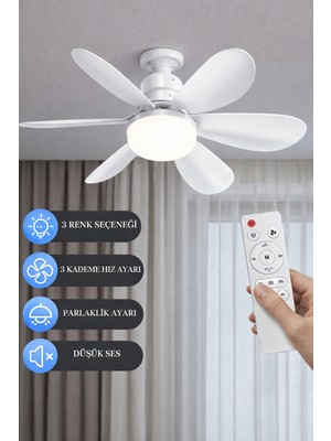 Moxti 2'si'1  LED Işık ve Fan Sessiz 3 Renk Modu ve 3 Hız Modu Kumandalı Tavan Vantilatörlü LED Ampul
