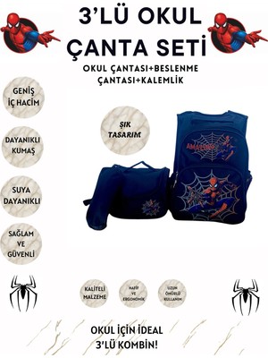 Örümcek Desenli Üçlü Erkek Çocuk Ilkokul  Okul Çantası + Termal Beslenme Çantası + Kalemlik