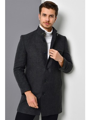 Dewberry Erkek Palto Uzun Kol Yün Polyester Gri Midi Düz Desenli M Beden