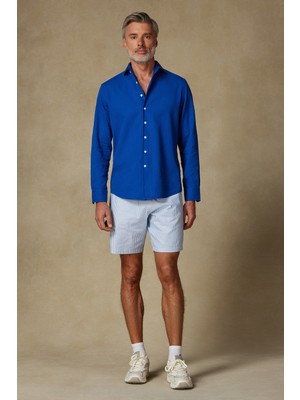 Abbate Sky Oxford Stretch Pamuk Karışımlı Comfort Fit Açık Mavi Erkek Çizgili Şort