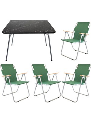 Bofigo 60X80 Granit Desenli Katlanır Masa Ahşap Metal Akrilik Kumaş 4 Kişilik Kamp Seti