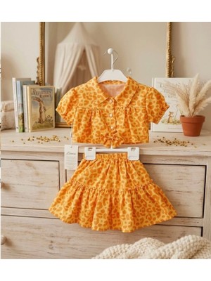 Rüya Kids Kız Çocuk Yazlık Leopar Desen Crop Etek 2 Li Alt Üst Takım