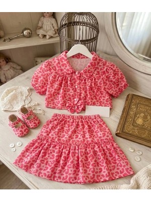 Rüya Kids Kız Çocuk Yazlık Leopar Desen Crop Etek 2 Li Alt Üst Takım