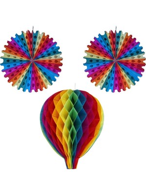 Pandoli Karışık Renk Rainbow Kağıt Yelpaze Süs ve Petek Süs 30 cm 3 Lü Set Retro Hawai