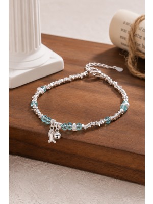 Trend Collection Mavi Taşlı Balık Charm Kadın Bileklik Inci Detaylı Gümüş Renk Zarif Bileklik