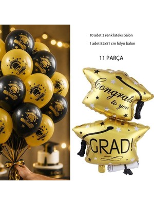 Pandoli Ingilizce Mesajlı Mezuniyet Folyo Balon ve Grad Temalı Mezuniyet Lateks Balon Set 6