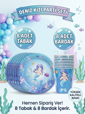 Çavuş E-Ticaret 8 Kişilik Deniz Kızı Temalı Tabak,bardak Seti,doğum Günü Parti Seti