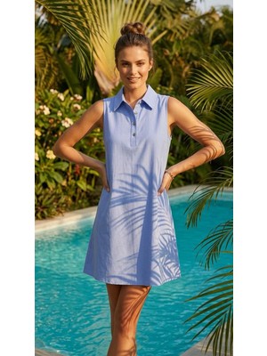 Ded Collection Kadın Kolsuz Gömlek Yaka Çıt Çıt Detaylı Denim Görünümlü A Kesim Elbise