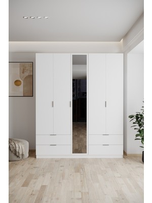 EVDEMO Yakut Aynalı 5 Kapaklı 4 Çekmeceli Gardırop 210 cm Beyaz