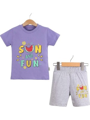 Bambu Kids Kız Çocuk Baskılı Şortlu 2'li Yazlık Takım Pamuklu Tişört Şort Set