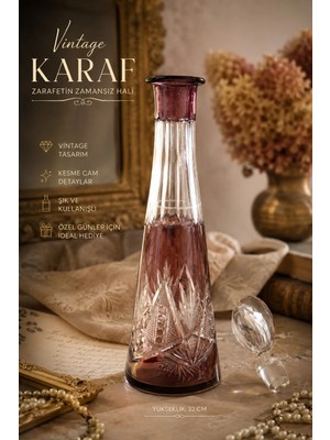 Evvel Zaman Antik Vintage Kesme Cam Karaf – Mor Tonlu Dekoratif Şişe
