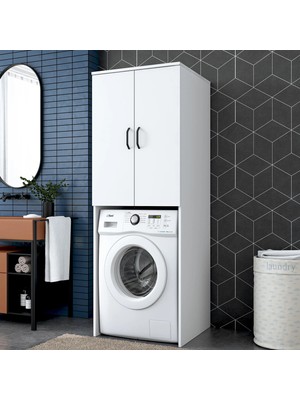 Rani KD119 Çamaşır Makinesi Dolabı 2 Kapaklı 2 Raflı Banyo Dolabı Beyaz