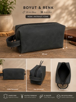 Hakiki Crazy Deri Erkek Bakım Çantası Dopp Kit Tıraş ve Seyahat Çantası Antrasit Füme