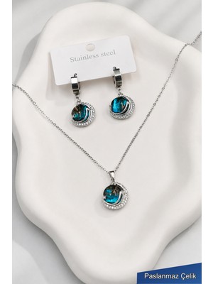 Trend Collection Kadın Paslanmaz Çelik Gümüş Zincir Gökyüzü Kolye ve Küpe Seti