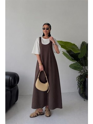 Neşeli Butik Kadın Kahverengi Salaş Kesim Yazlık Jile Elbise Tişört Takım NBG131
