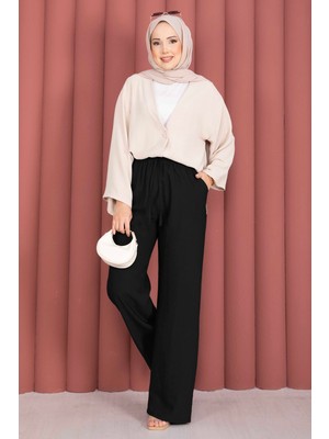 Kç Beli Lastikli Bol Paça Pantolon Siyah