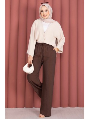 Kç Beli Lastikli Bol Paça Pantolon Kahve