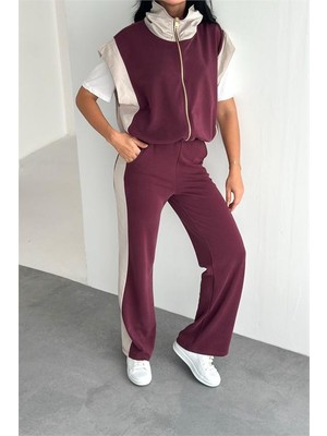 Neşeli Butik Kadın Bordo Çift Renkli Oversize Yelekli Premium Eşofman Takımı NBRW5063