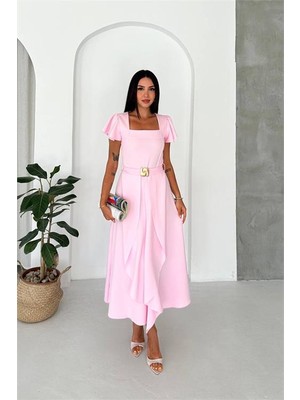 Neşeli Butik Kadın Pembe Kol Volanlı Gold Toka Detaylı Kemerli Midi Boy Elbise NBK088