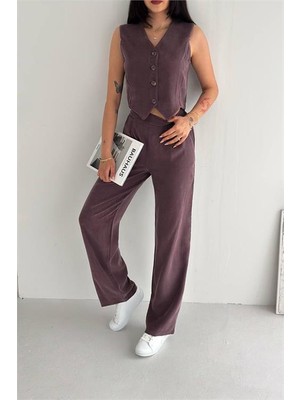 Neşeli Butik Kadın Bordo Düğme Detaylı Tensel Kumaş Yelek Geniş Paça Pantolon Takım NBRW6039