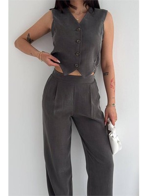 Neşeli Butik Kadın Antrasit Düğme Detaylı Tensel Kumaş Yelek Geniş Paça Pantolon Takım NBRW6039