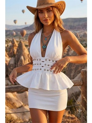 Neşeli Butik Kadın Beyaz Halter Yaka Taş Detaylı Mini Boy Dalgış Kumaş Peplum Elbise NBDF265