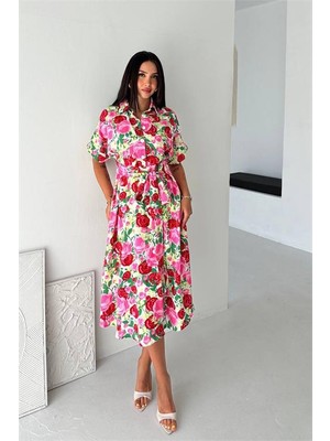 Neşeli Butik Kadın Pembe Gömlek Yaka Düğme Detaylı Çiçek Desen Kuşaklı Midi Boy Elbise NBK089