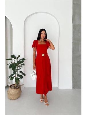 Neşeli Butik Kadın Kırmızı Kol Volanlı Gold Toka Detaylı Kemerli Midi Boy Elbise NBK088