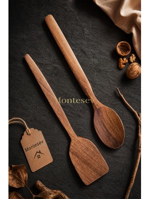 Montesev Doğal Ceviz Ağacı Ahşap Tahta Kaşık Spatula Seti Ağaç Kaşık (2li Set)