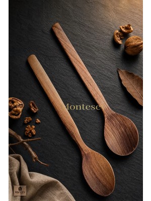 Montesev Doğal Ceviz Ağacı Ahşap Tahta Kaşık Spatula Seti Ağaç Kaşık (2li Set)