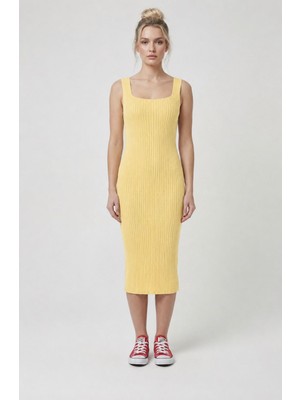 Neden Tekstil Premium Fit Kare Yaka Fitilli Triko Midi Elbise