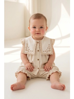 Bebezade Yazlık Kız Bebek Linen Flowers Şortlu Alt Üst Takım