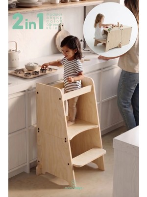 Mamatoyz Kule Bend Öğrenme Kulesi Natural - Aktivite Masasina Dönüşebilen Ahşap Mutfak Banyo Yükselticisi