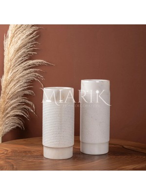 Miarik Design Dekoratıf Beyaz Renk 2lı Patlatma Mermer Uzun Vazo