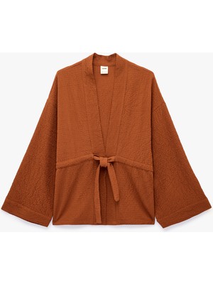 Koton Beli Bağcıklı Uzun Kollu Kruvaze Kimono Ceket