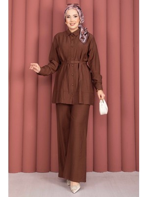 Asm Kemerli Tunik Pantolon Ikili Takım Kahve