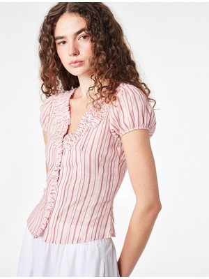 Koton Slim Fit Fırfır Detaylı V Yaka Kısa Kollu Çizgili Bluz