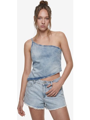Koton Rahat Kalıp Taş Detaylı Pamuklu Fermuarlı Askılı Asimetrik Denim Bluz