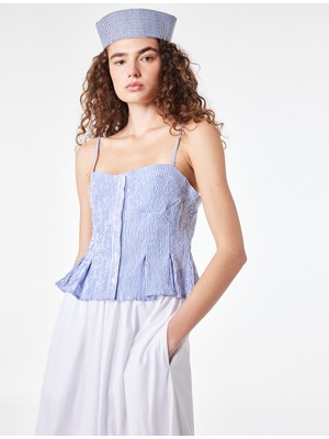 Koton Gofre Kumaş Düğmeli Askılı Çizgili Korse Görünümlü Crop Top