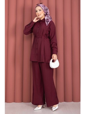 Asm Kemerli Tunik Pantolon İkili Takım Bordo