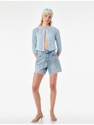 Koton Yuvarlak Yaka Yarı Transparan Yarım Kol Crop Dantel Crop Bluz