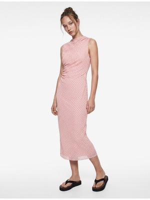 Koton Drapeli Slim Fit Kolsuz Bisiklet Yaka Puantiyeli Uzun Elbise