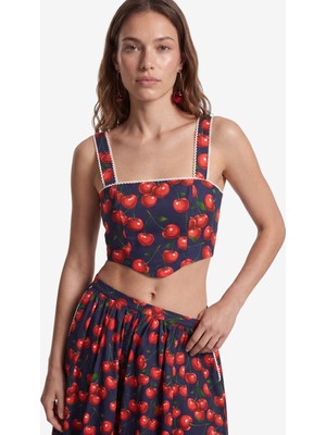 Koton Koton x Sibil Çetinkaya -  Pamuklu Poplin Dantel Detaylı Kiraz Baskılı Askılı Crop Büstiyer