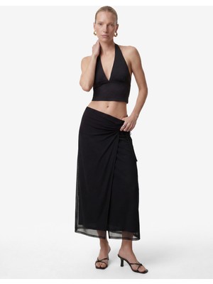 Koton Slim Fit Bağlamalı Toka Detaylı Kruvaze Tül Midi Etek