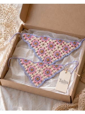 Talin Handmade Anne Kız El Örgüsü Çiçek Motifli Bandana Seti – 2’li Takım