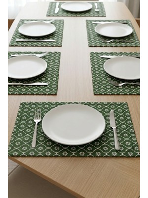 Rona Home Yeşil Çiçekli Amerikan Servis 6'lı Set Leke Tutmaz Dikdörtgen Kumaş Supla Tabak Altlığı 35X45