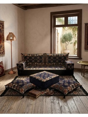 Bakırözü Home Şark Köşesi Takımı Konsepti Lacivert Buhara Modeli 9 Parça (20 cm Minder Kalınlığı)